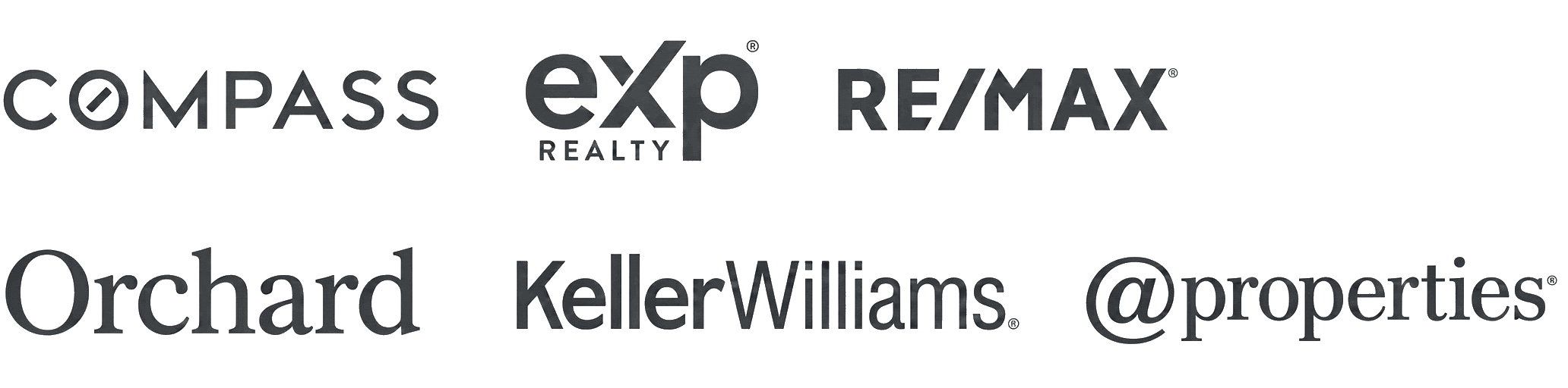 Brokerage logos: Compass, eXp Realty, RE/MAX, Orchard, Keller Williams, and @properties