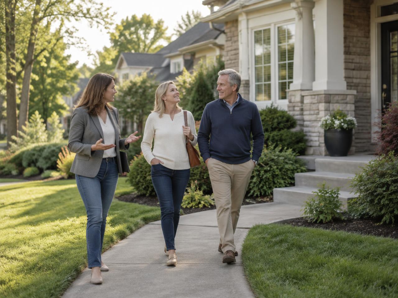 Real estate agent reviewing selling options with a homeowner couple at their kitchen island