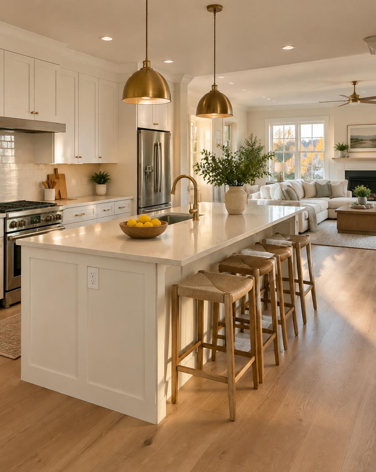 A freshly renovated kitchen with white cabinets, brass fixtures and new oak floors