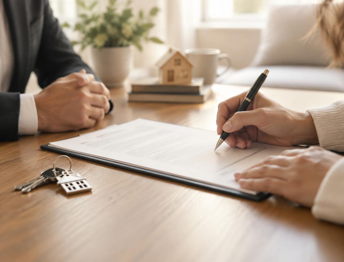 Hands signing home closing paperwork with house keys on the table