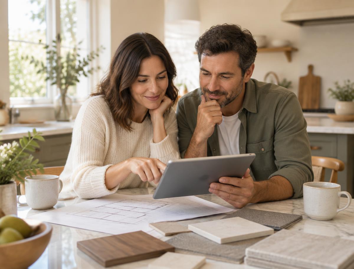Homeowners reviewing a renovation plan at their kitchen table