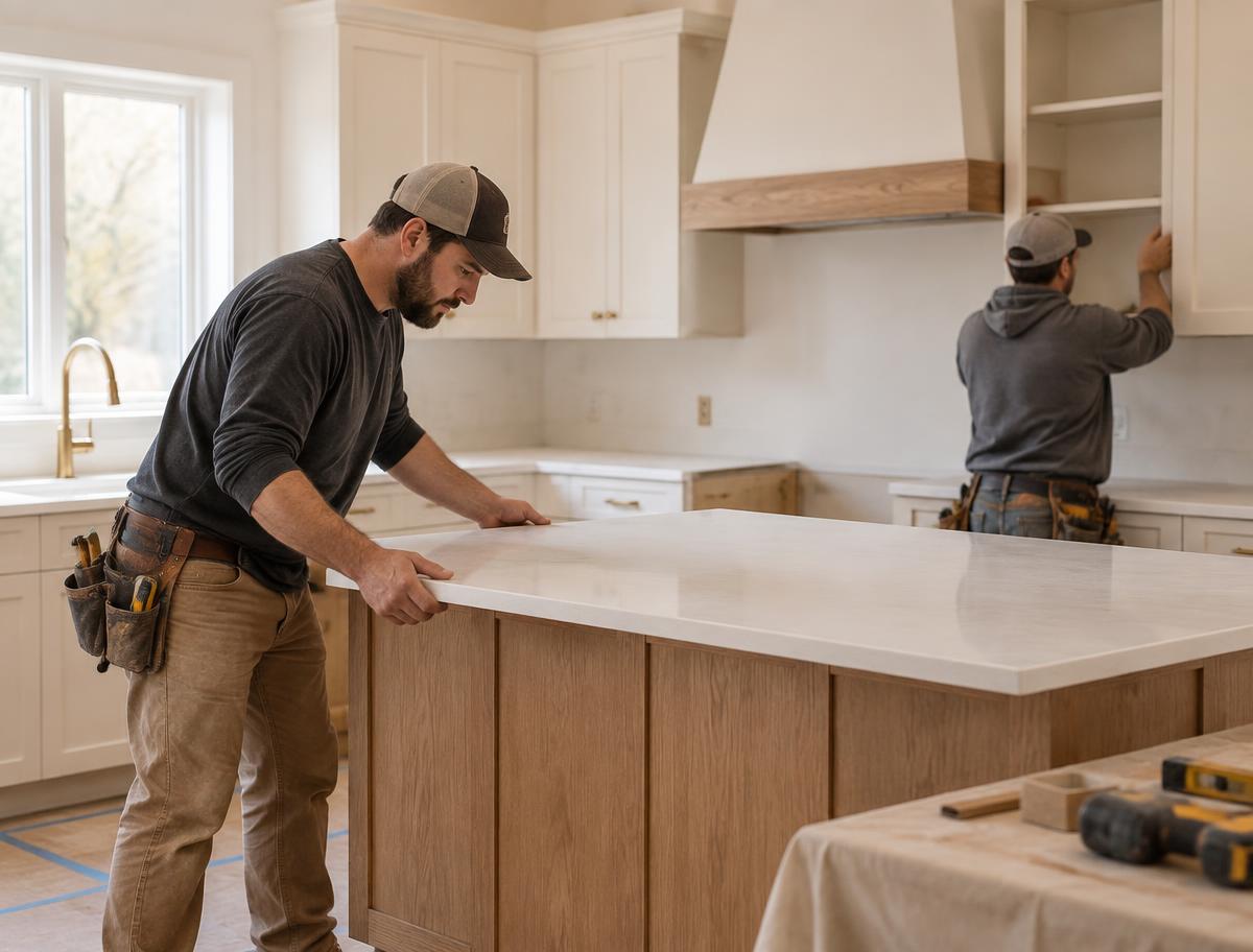 Contractors installing new cabinetry and countertops in a kitchen